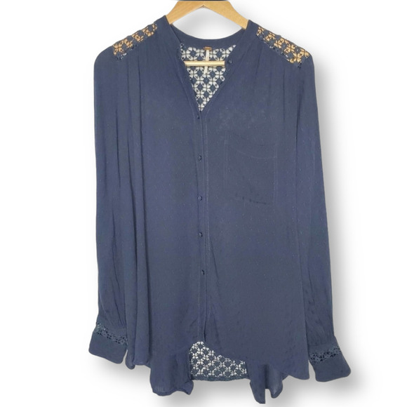 Free People The Best Blouse Crochet Top Navy Sz S - Picture 1 of 9